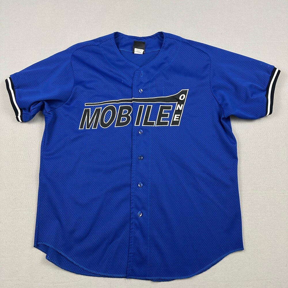 Vintage Wilson Jersey Men Extra Large Blue Mobile One Baseball Graphic Mesh USA